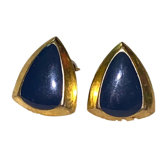 Vintage Jewelry - Vintage Navy Blue Enamel Gold Tone Pierced Earrings
